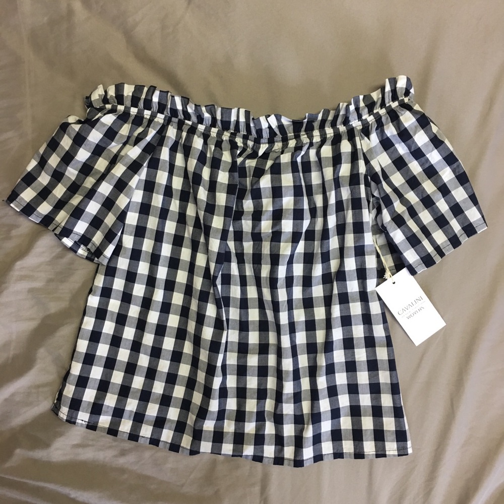 Navy Gingham Off The Shoulder Top